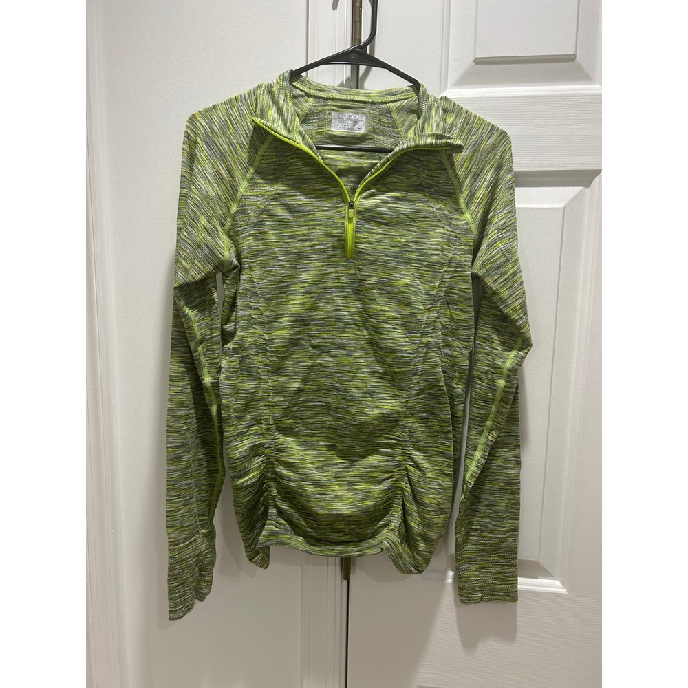Athleta Womens Quarter Zip Pullover Lime Green Space Dye Ruched Thumbhole Top M